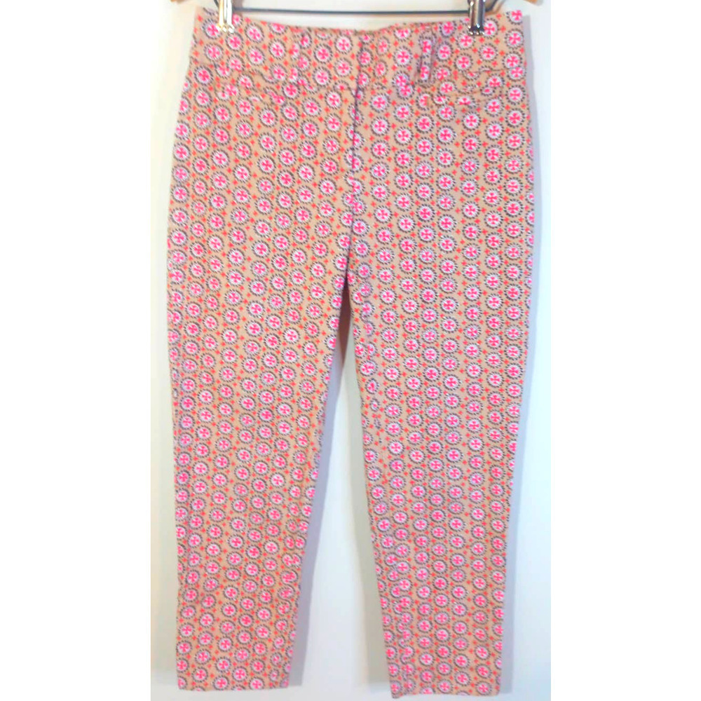The LOFT Women Sz 0 Julie The Rivera Pant Crop Tan Coral Pink Mandala Boho Work